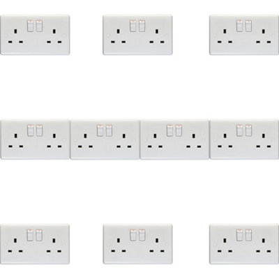 10 PACK 2 Gang Double Pole 13A Switched UK Plug Socket - WHITE Wall Power Outlet