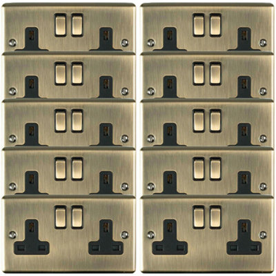 10 PACK 2 Gang Double UK Plug Socket ANTIQUE BRASS 13A Switched Power ...