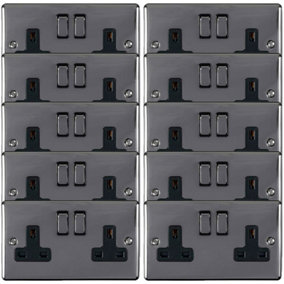 10 PACK 2 Gang Double UK Plug Socket BLACK NICKEL 13A Switched Power Outlet