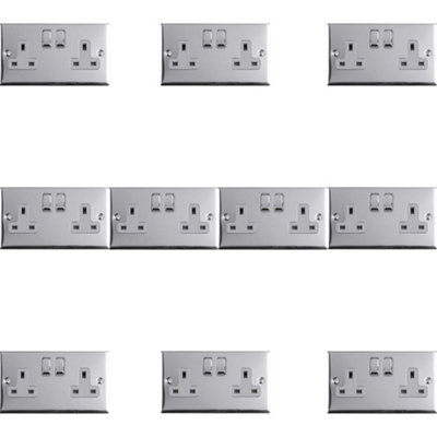 10 PACK 2 Gang Double UK Plug Socket POLISHED CHROME 13A Switched GREY Trim