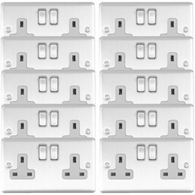 10 PACK 2 Gang Double UK Plug Socket SATIN STEEL & Grey 13A Switched Outlet