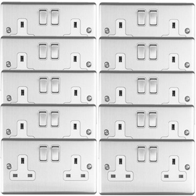 10 PACK 2 Gang Double UK Plug Socket SATIN STEEL & White 13A Switched ...