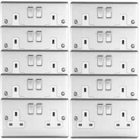10 PACK 2 Gang Double UK Plug Socket SATIN STEEL & White 13A Switched Outlet