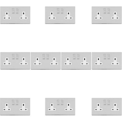 10 PACK 2 Gang DP 13A Switched UK Double Socket SCREWLESS POLISHED CHROME Power