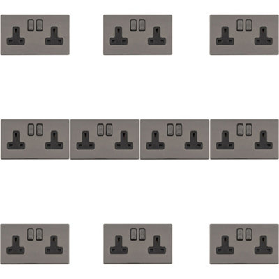 10 PACK 2 Gang DP 13A Switched UK Plug Socket SCREWLESS BLACK NICKEL Wall Power Price Comparisons | Compare The Build