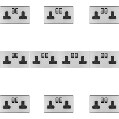 10 PACK 2 Gang DP 13A Switched UK Plug Socket SCREWLESS SATIN STEEL Wall Power