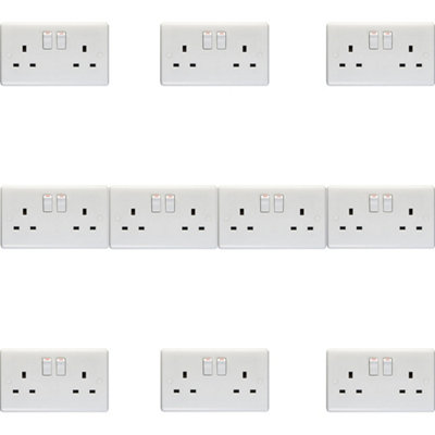 10 PACK 2 Gang Single Pole 13A Switched UK Plug Socket - WHITE Wall Power Outlet