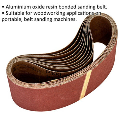 10 PACK - 75mm x 533mm Sanding Belts - 100 Grit Aluminium Oxide Cloth Backed Set