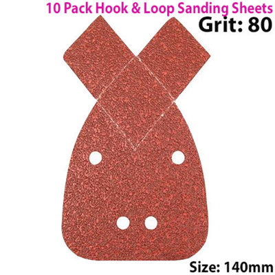 10 PACK 80 Grit Aluminium Oxide 2 Tip Detail Sanding Sheets 140mm Hook & Loop