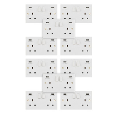 10 Pack Arlec White 13A Double 2 Gang 3.4A USB 2 Outlet Socket Screwed Square Edge Profile Single Pole SP