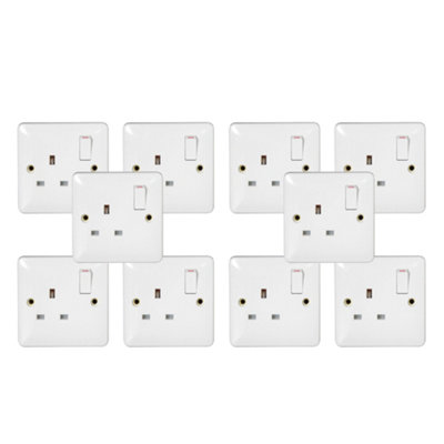 10 Pack Arlec White 13A Single 1 Gang Switched Socket SP Single Pole Screwed Square Edge Profile