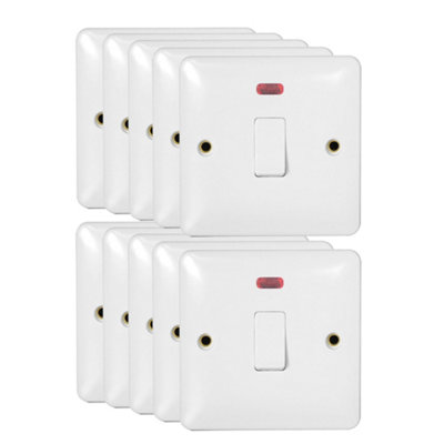 10 Pack Arlec White Slim Line 20A Single 1 Gang Screwed DP Double Pole Flex Outlet Switch with Neon Indicator Light Slimline
