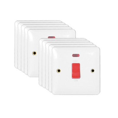 10 Pack Arlec White Slim Line 45A Single Plate 1 Gang Screwed DP Double Pole Switch with Neon Light Indicator 45 Amp Slimline