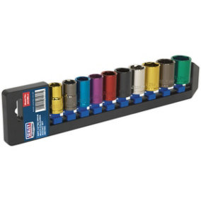 10 PACK Multi Colour Socket Set 1/2" Metric Square Drive - 6 Pt WallDrive Torque