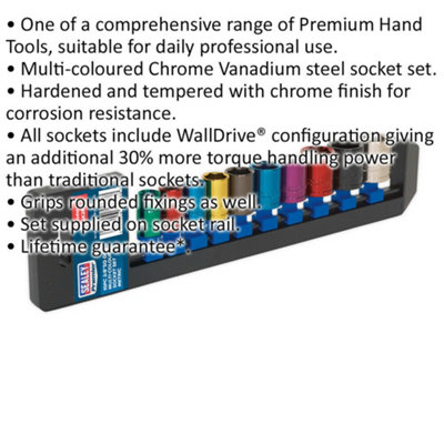 10 PACK Multi Colour Socket Set 3/8" Metric Square Drive - 6 Pt WallDrive Torque