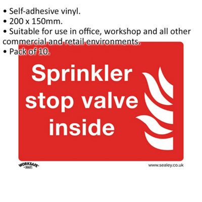 10-Pack Self-Adhesive Sprinkler Stop Valve Safety Signs - 200 x 150mm