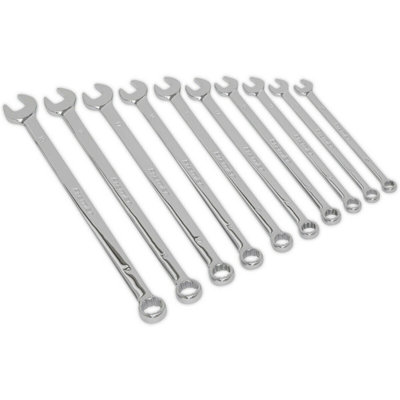 10-Piece Extra Long Combination Spanner Set - Metric Sizes 10mm to 19mm