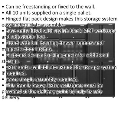 10 Piece Garage Storage System - Adjustable Feet - Pegboard Back Panel - Modular