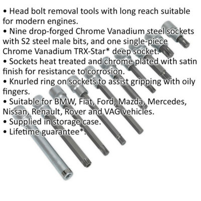 10 Piece Head Bolt Socket Bit Set - 1/2" Sq Drive - S2 Steel Male Bits - Knurled