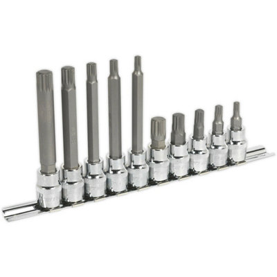 10-Piece Spline Socket Bit Set with 3/8-Inch Drive for M5 to M12 Sizes