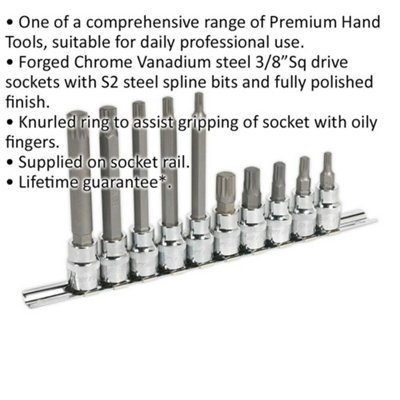 10-Piece Spline Socket Bit Set with 3/8-Inch Drive for M5 to M12 Sizes