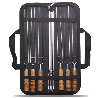 10 Piece Stainless Steel BBQ Set with Wooden Handles and Storage Bag