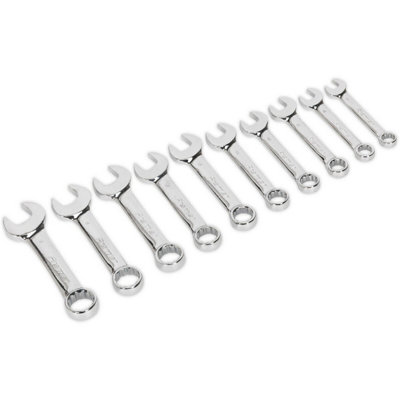 10-Piece Stubby Combination Spanner Set - 10mm to 19mm - 12 Point Short Handled Ring Tools
