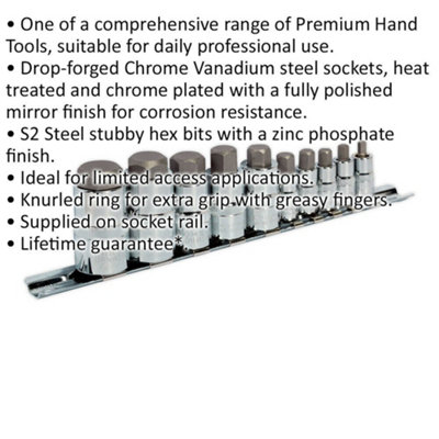 10-Piece Stubby Hex Socket Bit Set for Tight Spaces - 1/4", 3/8", 1/2" Square Drive