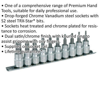 10-Piece TRX Star Socket Bit Set - 3/8" Drive with T10 to T50 TORX Sizes and Knurled Grip