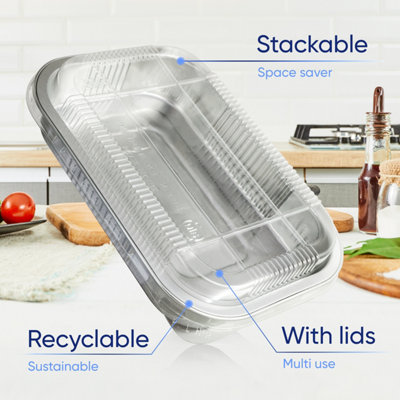 10 Pk Coppice Strong Aluminium Foil Oven Tray with Plastic Lid 20 x 13 x 3cm. Freezer, Microwave & Oven Safe