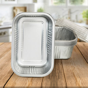 10 Pk Coppice Strong Aluminium Foil Oven Tray with Plastic Lid 20 x 13 x 7cm. Freezer, Microwave & Oven Safe