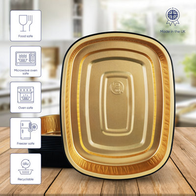 10 Pk Coppice Strong Gold & Black Aluminium Foil Trays for Baking, BBQ & Serving 26.5 x 20 x 4.5cm. Freezer, Microwave & Oven Safe