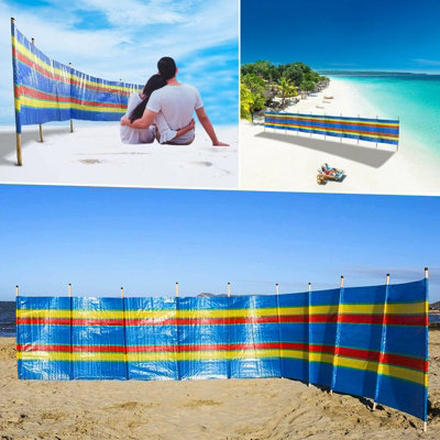 10 Pole Wooden Windbreak Beach Camping Windbreaker Sun Wind Shelter Striped 5ft High X 20ft Long  Traditional