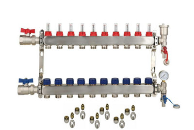 10 Ports Stainless Steel UFH Manifold with 15mm Pipe Connections, 1 inch Ball Valves, Automatic Air Vent & Pressure Gauge