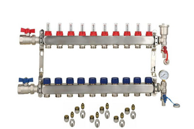 10 Ports Stainless Steel UFH Manifold with 16mm Pipe Connections