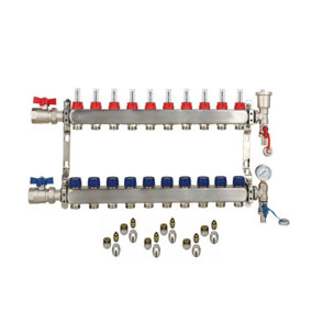 10 Ports Stainless Steel UFH Manifold with 16mm Pipe Connections, 1 inch Ball Valves, Automatic Air Vent & Pressure Gauge