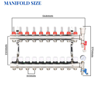 10 Ports Water Underfloor Heating Manifold with 16mm Pipe Connections