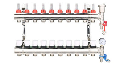 10 Ports Water Underfloor Heating Manifold with 16mm Pipe Connections, 1 inch Ball Valves, Automatic Air Vent & Pressure Gauge