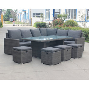 10 Seater 9 Piece Corner Dining Set - 2 Piece 3 Seater Sofa with Armrests, 4 Foot Stools with Rectangular Table Including Cushions