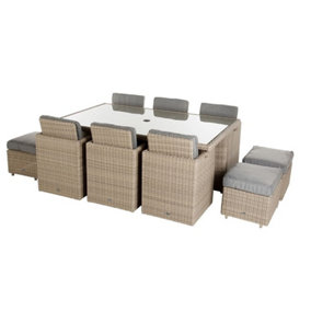 10 Seater Garden Furniture Set - 11 Piece - Deluxe Rattan Cube Set - 125cm Table, 6 Folding Backrest & 4 Footstools + Cushions