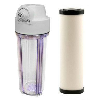 10" Standard Clear Water Filter Housing with Newton Ultra OBE Ceramic Water Filter - 1/2" Ports, Fittings Inc. for 1/4" Push Fit
