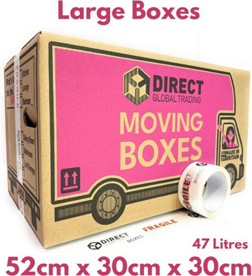 10 Strong Extra Large and 10 Large Strong Cardboard Storage Packing Boxes Quality 66 Metre Roll of Fragile Moving House Kit