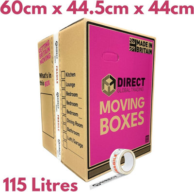 10 Strong Extra Large Tall Strong Cardboard Storage Packing Moving House Boxes Fragile Tape 60cm x 44cm x 44.5cm 115 Litres