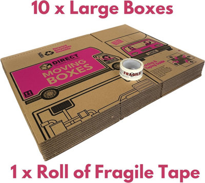 10 Strong Large Cardboard Storage Packing Moving House Boxes with Fragile Tape 52cm x 30cm x 30cm 47 Litres Carry Handles and Room - 3