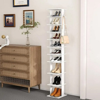 10 Tiers White Vertical Household Space Saving Shoe Rack Shoe Storage Shelf Unit with Side Hooks