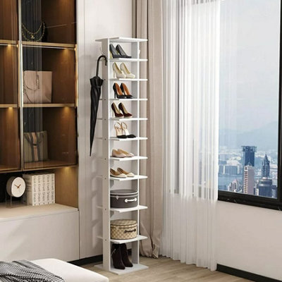 10 Tiers White Vertical Household Space Saving Shoe Rack Shoe Storage Shelf Unit with Side Hooks