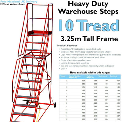 10 Tread HEAVY DUTY Mobile Warehouse Stairs Anti Slip Steps 3.25m Safety Ladder