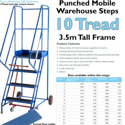 10 Tread Mobile Warehouse Stairs Punched Steps 3.5m EN131 7 BLUE Safety Ladder