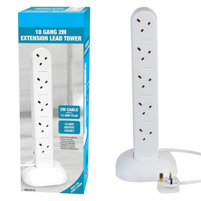 10 Way Gang 2M Extension Lead Tower Uk Cable 13 Amp Socket Power Plug Electrical Leads Surge Protected Home Office Indoor Outdoor