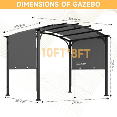 10' x 10' Flat Top Outdoor Pergola with Adjustable  Canopy for Patio Use-Grey